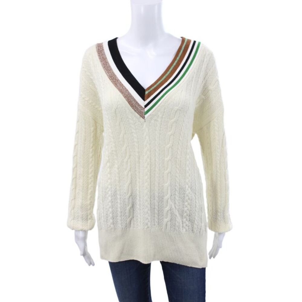 Veronica Beard Womens Pullover Sweater Ivory V Neck Striped Long Sleeve Size XS